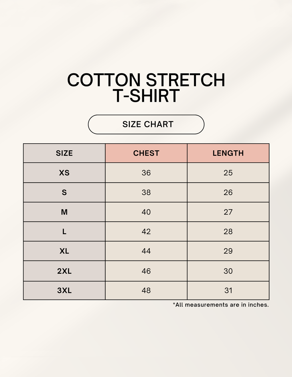 Cotton stretch t-shirt size chart on a light gray background