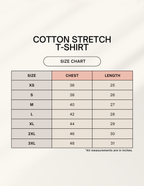 Cotton stretch t-shirt size chart on a light gray background